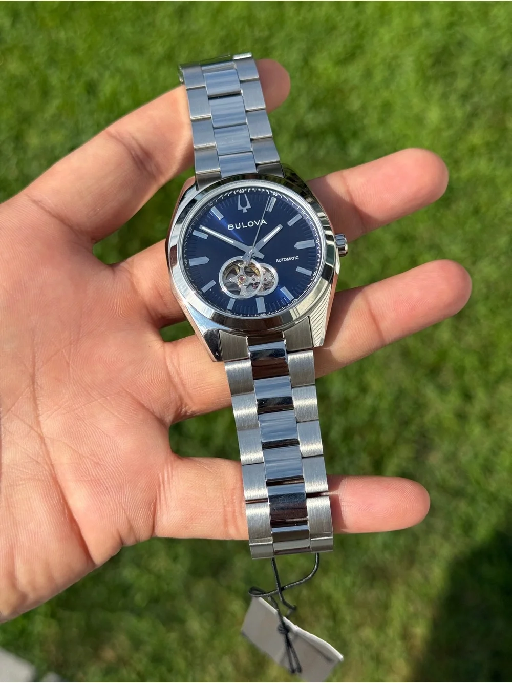 Bulova Silver Stainless Steel automatic men’s Watch with Blue Open-Heart Dial